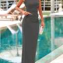 PRETTYGARDEN Skirt Sets Women 2 Piece Outfits Summer 2025 One Shoulder Sexy Ruched Bodycon Maxi Long Skirts (Gray, XXL)