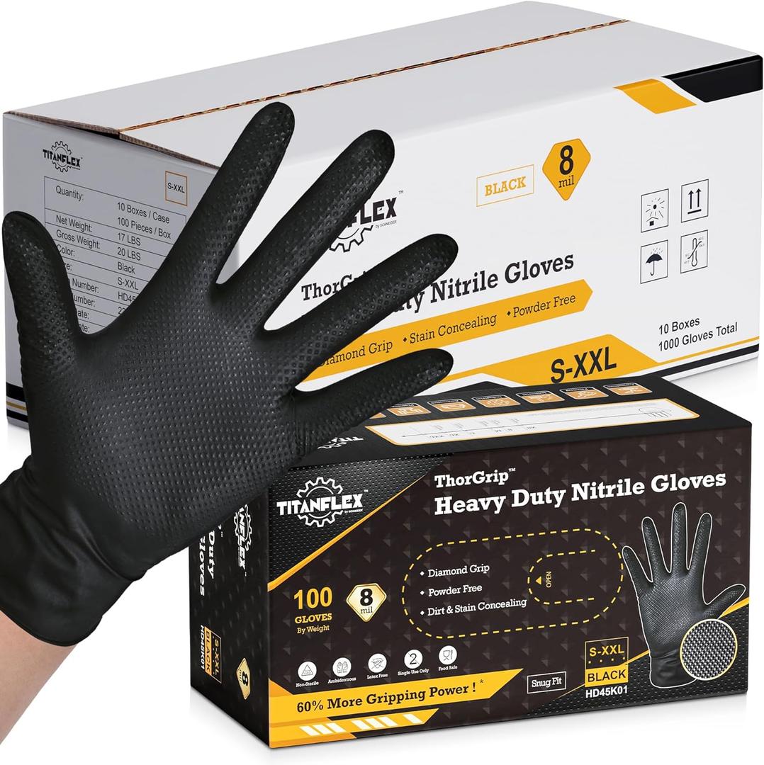 TitanFlex Heavy Duty Black Nitrile Gloves, Raised Diamond Texture, Latex Free, Powder Free Disposable Gloves (8Mil/6Mil), Small (Pack of 100)