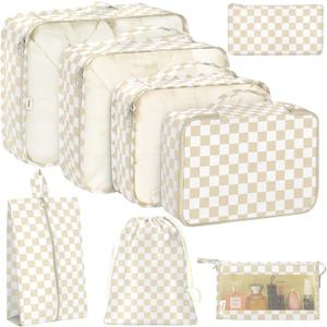 8 Set Packing Cubes for Travel, Luggage Packing Organizers Accessories Large Toiletries Bag for Clothes Shoes Cosmetics (Khaki Checkered)