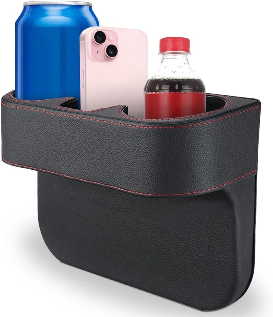 Car Cup Holder, Auto Front Seat Organizer, Multifunctional Cup Drink Holders with PU Leather Cover, Gap Filler Storage Box Coin Bucket Console Side Pocket Cell Mobile Phone Holder (Black)