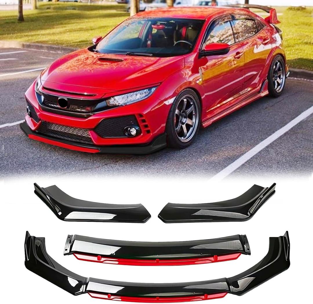 Universal Front Lip Kit for Car, 4 PCS Front Bumper Lip Diffuser Wide Body Protector Compatible with Mercedes c63, CLA 250,Honda Civic Toyota,Nissan Altima Maxima (Glossy Black-Red)