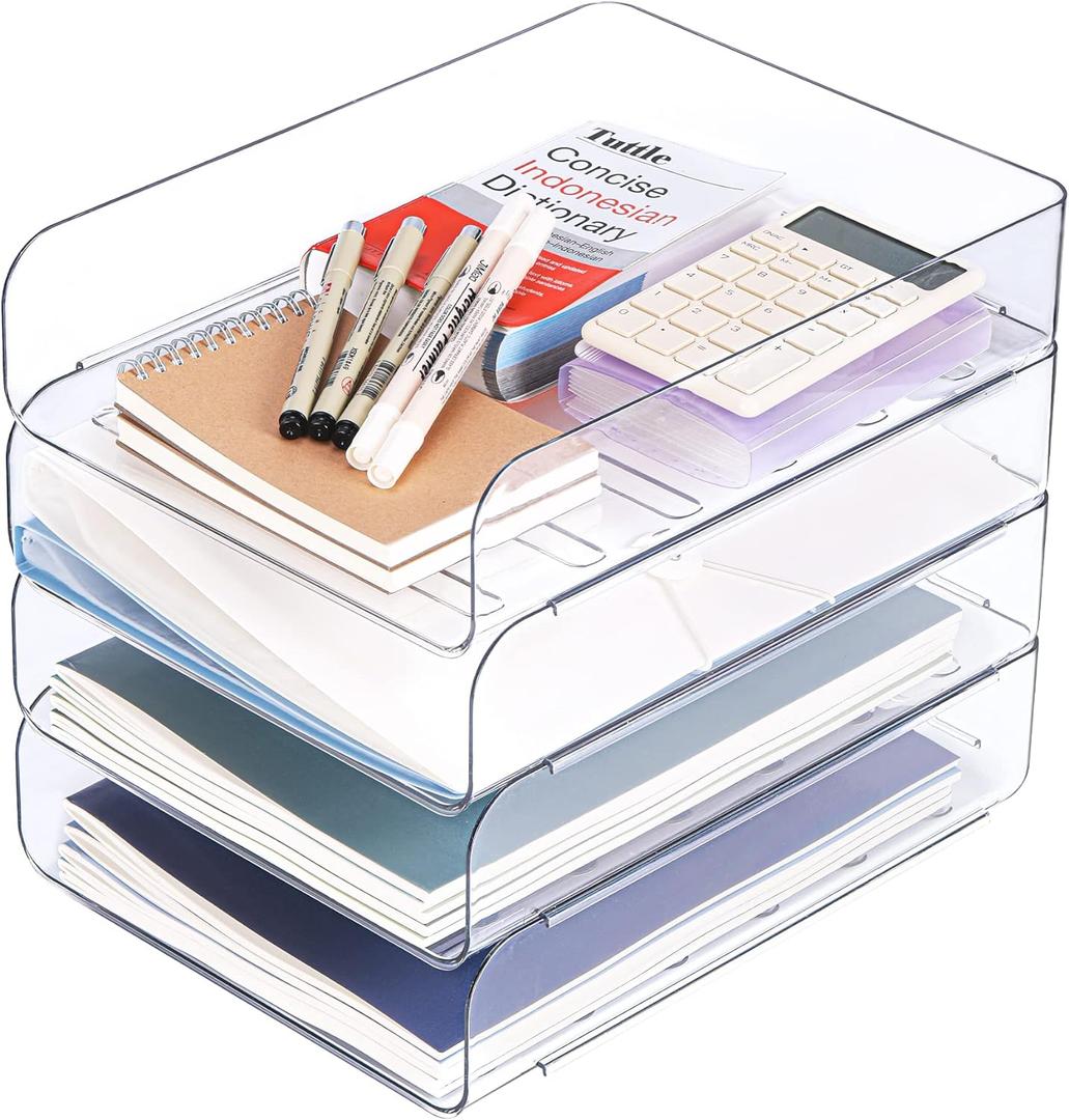 Set of 4 Office Organization and Storage, Clear PET Letter Tray Desk Organizer, Stackable Paper Tray Organizer for Desk Accessories, Notes, Pens, File Paper, Document (2" x 2" x 2")