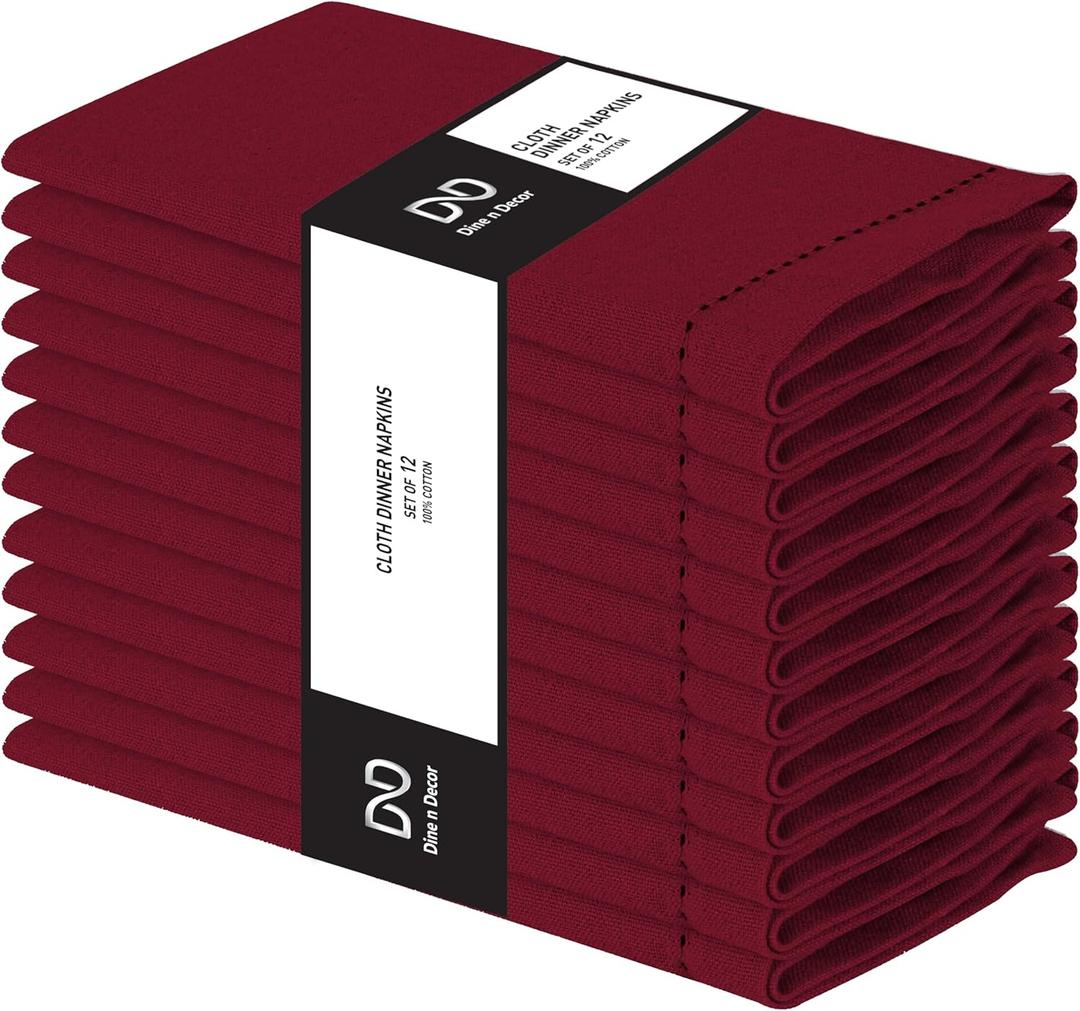 Set of 12 Hemstitch Cloth Dinner Napkins 100% Cotton - Soft Durable Washable - Ideal for Events Weddings Holidays - Perfect Everyday Use Table Linen Cloth Napkins 18x18 Burgundy
