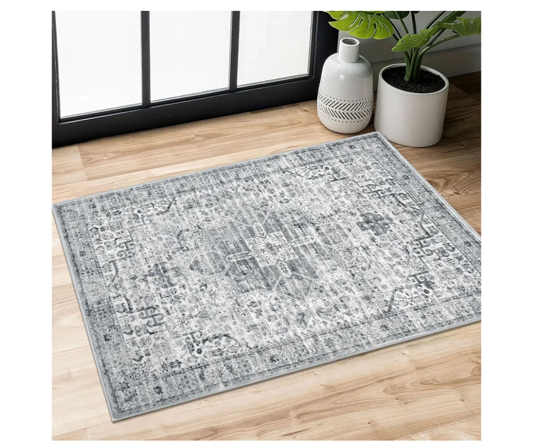 2x3 Washable Rug for Entryway, Grey Blue White Boho Low-Pile Printed Area Rugs Soft Non-Slip Indoor Door Mat, Vintage Oriental Throw Carpet for Entrance Farmhouse Kitchen Foyer Bedside