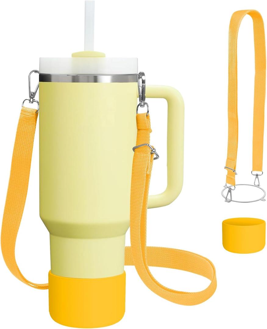 2 x Cup Accessories Set Compatible with Stanley H2.0 & Protour 30oz 40oz, Carrier with Strap & Protective Boot, Handle Shoulder Cross Carrying Strap for Women Men (Yellow, Fit Stanleyy 40oz)