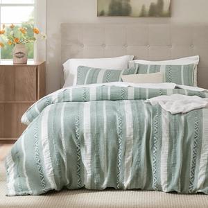 Bedsure Waffle Weave Duvet Cover King - 100% Cotton Boho Duvet Cover with 2 Pillowcases - Green Textured Comforter Cover with Zipper Closure (King, 104"x90")