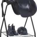 Harrison Howard Saddle Stand Freestanding Full-Size Portable Floor Horse Saddle Rack with Fabric Adds Protection to Underside of Saddle Prevents Bar Indentations Secure Saddle Saddle Black