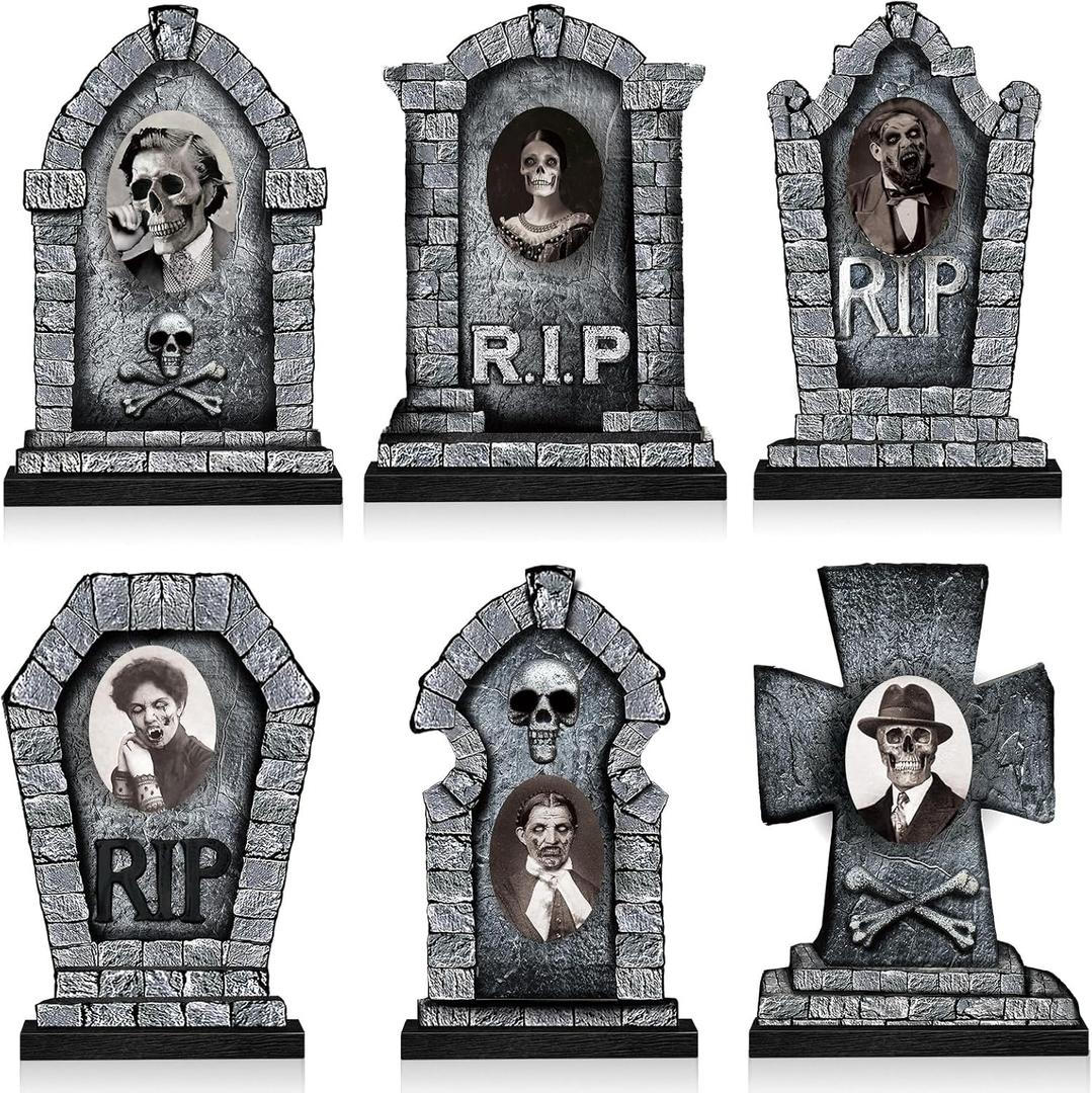 6 Pcs Halloween Graveyard Tombstones Centerpieces with 6 Pcs Scary 3D Changing Face Moving Picture Frame, Rip Gravestone Wooden Table Decoration Halloween Party Home Accessories(Dread)