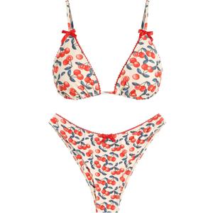 ZAFUL Women's String Triangle Bikini Sets Sexy Triangle Textured Tied High Cut Swimsuit Brazilian 2 Piece Bathing Suit, Medium,Floral Cherry