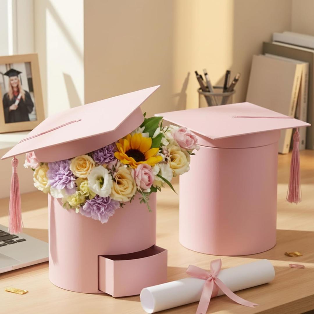 Weekgrat 2 Pack 2026 Graduation Cap Candy Box Class of 2026 Graduation Cap Flower Gift Boxes, 6.9 x 6.4 in Empty Container for Grad Ceremony Party Activities Celebrations (Pink,Round)