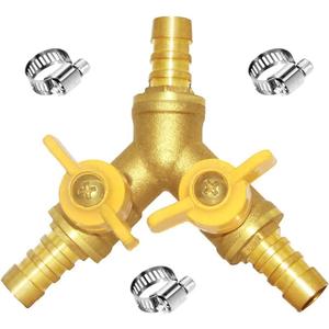 Joywayus 1/2" Hose Barb Brass Ball Valve Y Shaped Type 3 Way with 2 Switch Shut Off Valve Fitting Include 3 Clamps