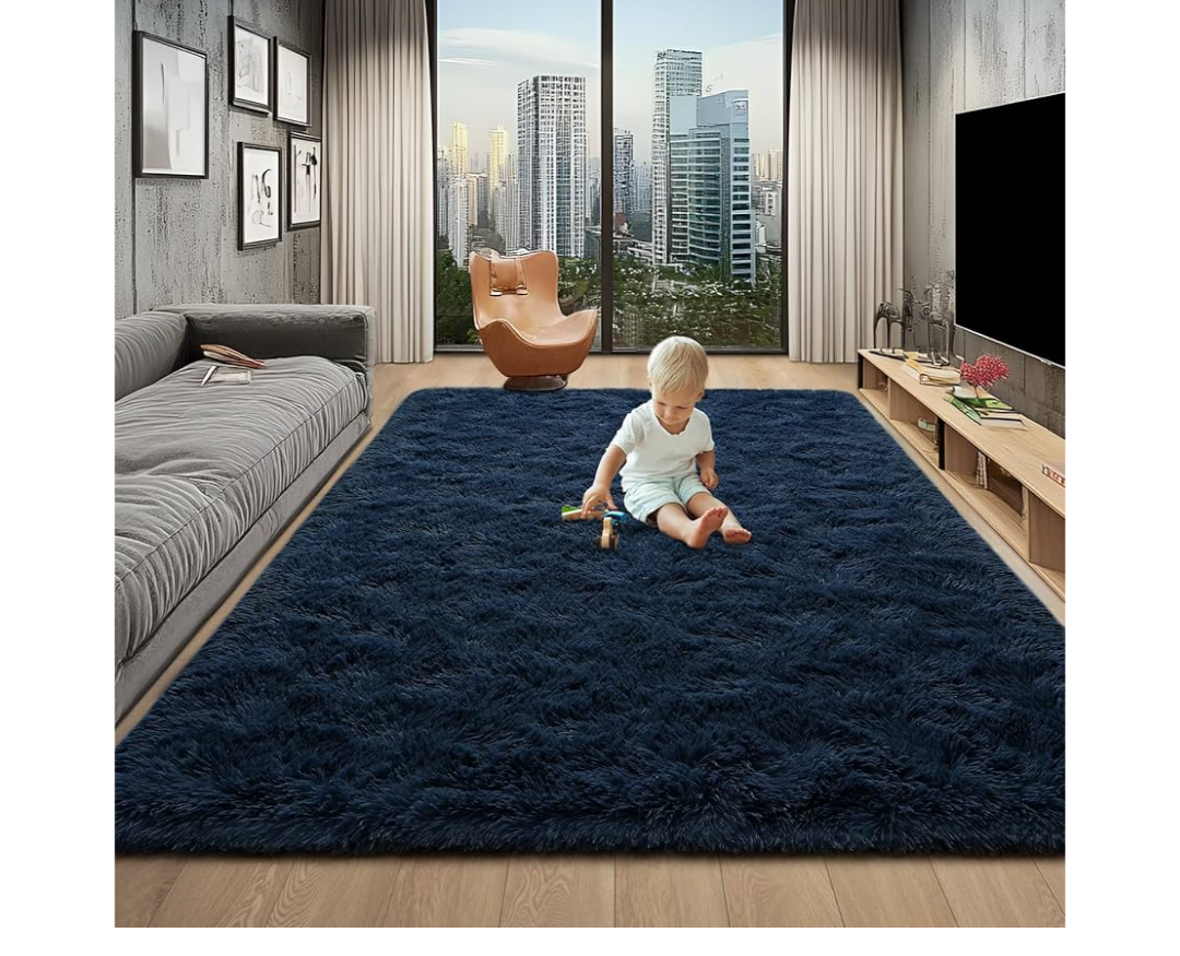 Foxmas Fluffy Navy Blue Rug for Living Room, Shaggy Soft Fuzzy 6x9 Large Area Rugs for Bedroom, Thick Non-Slip and Machine Washable Indoor Carpet for Kids Girls Boys Nursery Dorm Home Decor, Navy Blue