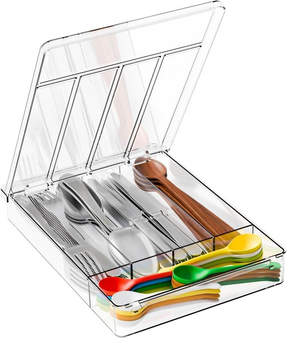 Yieach Clear Silverware Organizer with Lid - 9 inch Wide - Small Silverware Drawer Organizer & Tray and Utensil Drawer Organizers with Lid,BPA Free Plastic Flatware Drawers Organizers for Fork,Spoon (Medium)