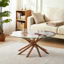 Round Glass Coffee Table-Mid Century Modern Solid Wood Coffee Table | Unique Glass Top&Solid Wood Mortise Interlocking Starburst Legs Design for Living Room,Office,Hotel Lobby