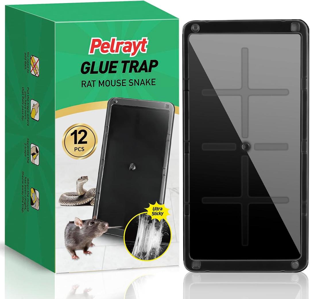 Pelrayt Glue Mouse Traps Indoor for Home, Rat Trap-12 Pack, Large Heavy Duty Glue Traps for Safe Home Pest Control. Pre-Scented, Non-Toxic Sticky Boards for Mice, Rats & More