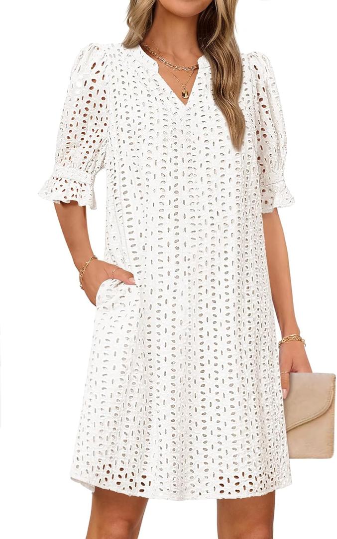 MEROKEETY Women's 2026 Summer Short Sleeve Mini Dress V Neck Ruffle Hollow Out Eyelet Lace Dresses, M