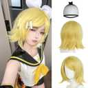 JoneTing Women Short Blonde Wavy Wig+Hair Cap Yellow Wig with Bangs Shoulder Length Blonde Wigs Short Yellow Hair for Cosplay Halloween Theme Party Costume Outfit