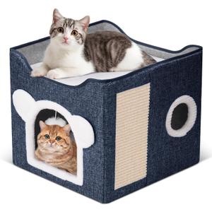 Cat Beds for Indoor Cats, Large Cat House Foldable Cat Cave with Scratch Pad and Hanging Fluffy Ball, Reversible Cushion Hideaway for Pet Cats, 16.5x16.5x13.2 inches, Dark Blue