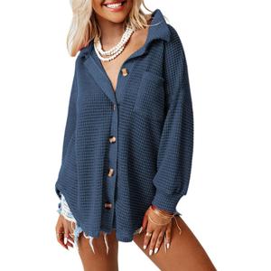 Dokotoo Womens Blouses 2026 Fall Fashion V Neck Long Sleeve Button Down Waffle Knit Tops for Women Casual Loose Solid Jacket Outwear Shacket with Pockets Blue X-Large