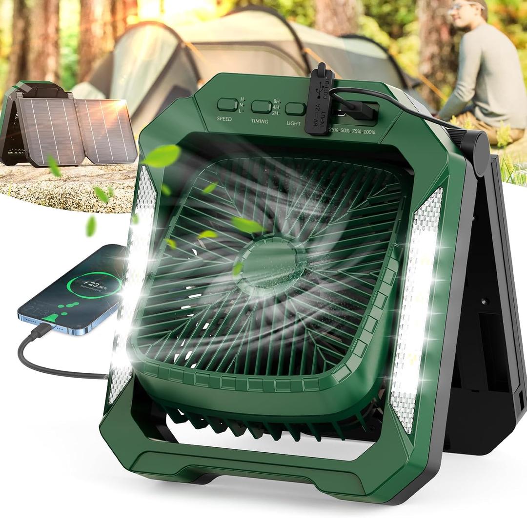 26800mAh Solar Battery Camping Fan, 3 Speeds Portable Fan with 18W Detachable Solar Panel, Rechargeable Desk Fan with LED Light & Timing Function, Outdoor Hurricane Tent Power Bank for Home Office
