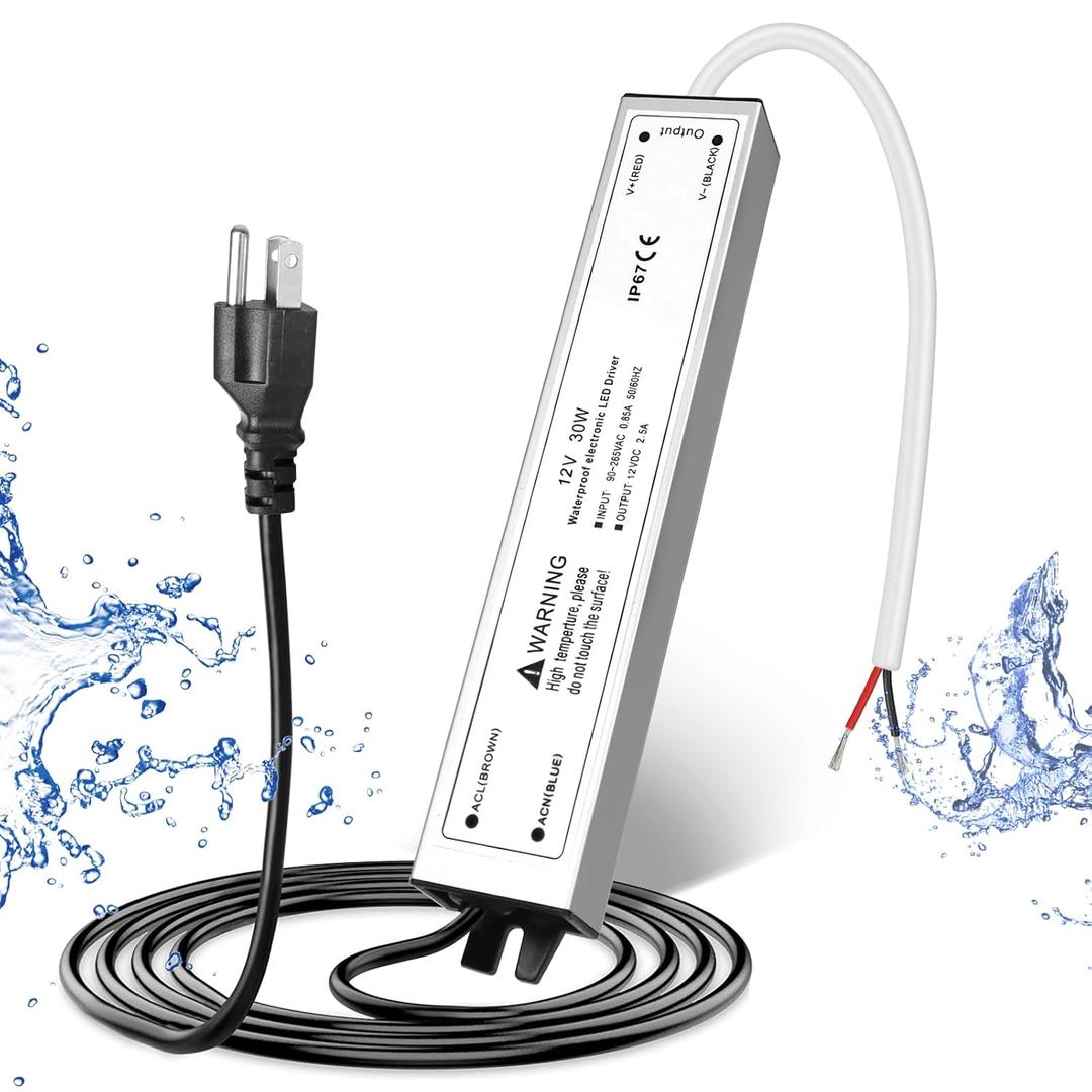 12V 30W LED Power Supply, IP67 Waterproof 12V LED Driver Transformer Adapter 110V AC to 12V DC Low Voltage Output with 3-Prong Plug 3.3 Feet Cable for LED Strip Lighting, Outdoor Use