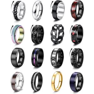 Besteel 16Pcs Stainless Steel Fidget Rings for Men Women Non Tarnish - Anxiety Relief Smooth Black Spinner Ring Set Mens Wedding Band Daily Engagement Promise Rings Jewelry Gift Comfort Fit Size 7-13