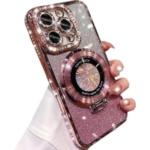 Changjia Magnetic Kickstand Glitter Case for iPhone 16 Pro Max,[Compatible with Magsafe] Luxury Bling Sparkly Diamond Rhinestones with Camera Protector Women Girls Case for iPhone 16 Pro Max 6.9",Pink