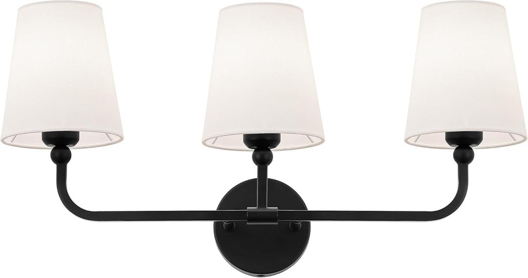 Bathroom Light Fixtures, Matte Black Vanity Lights with Flared White Fabric Shade, 3 Light Wall Sconce, Modern Sconces Wall Lighting for Hallway Bedroom, VL837-MB-3