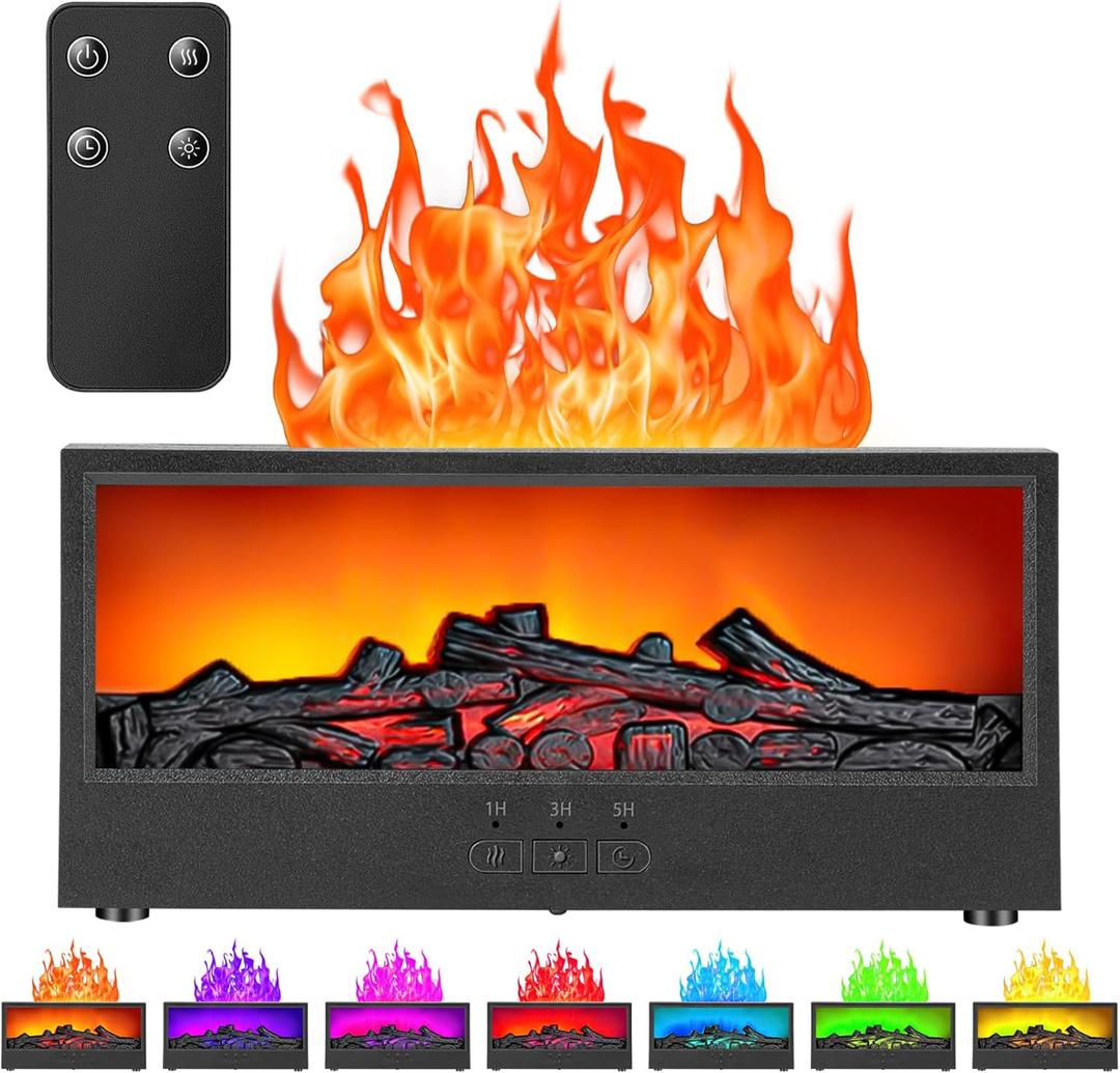 ONLYFU Mini Fireplace Aromatherapy Diffuser 7 Color Lights Fireside Bonfire Flame Air Humidifier for Home 150ml Timer & Auto-Off Essential Oil Diffuser with Remote for Spa, Yoga, Office (Black)