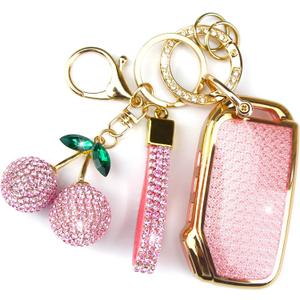Sparkly Key Fob Cover with Cherry Keychain, Bling TPU Smart Key Case for Women, Compatible with Kia Cadenza Forte K5 NIRO Rio Seltos Sorento Soul Sportage Telluride (5-Button, Gold Pink)