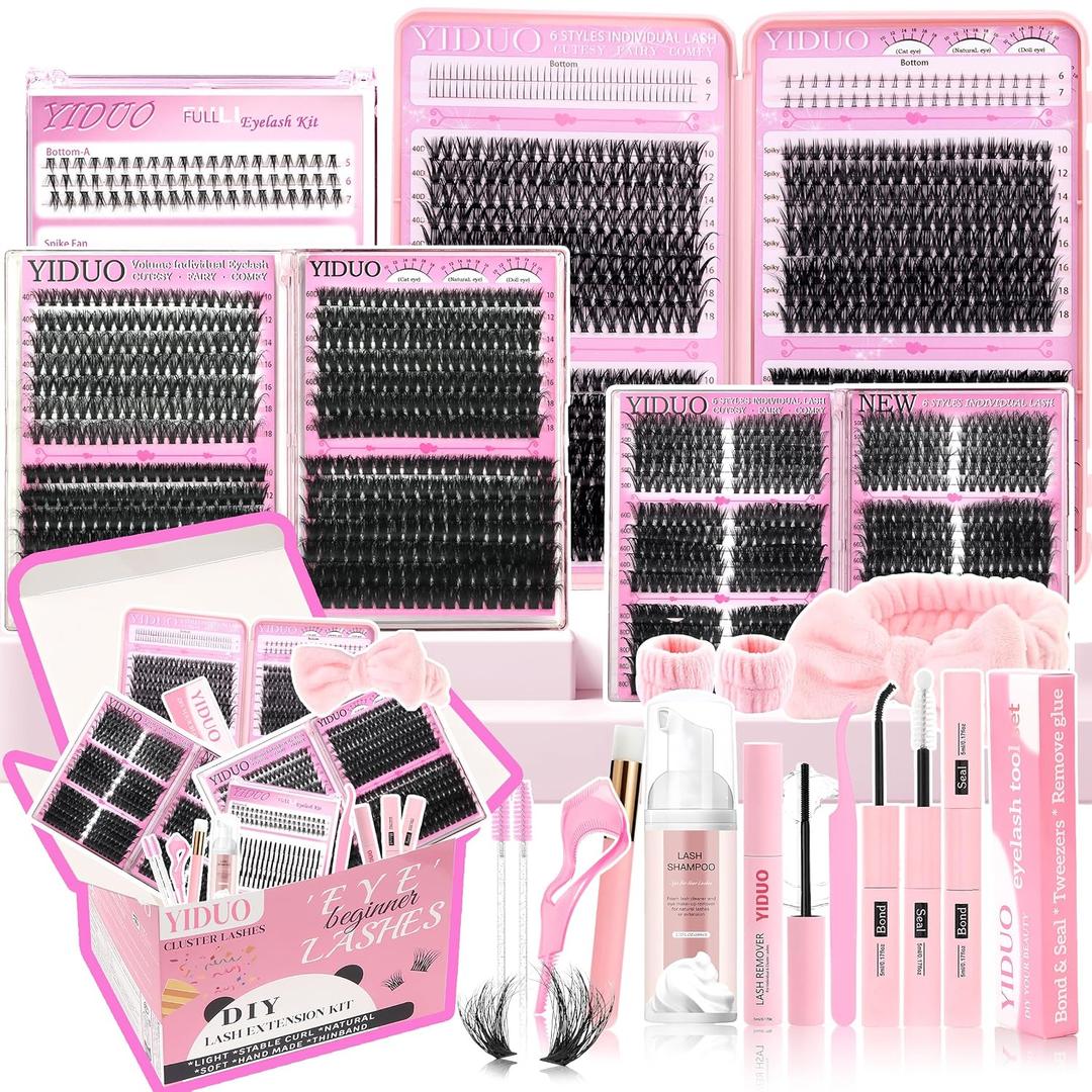 YIDUO 1846Pcs Lash Clusters Kit with Spikes+Bottom Cluster Lashes Kit Mix Styles 10-18mm Volume D Curly Wispy Soft DIY Individual Eyelash Extension Kit with Glue pestaas postizas Wholesale Large Pack