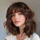 Short Wavy Bob Wig with Bangs for Women, Shoulder Length Synthetic Wig, Brown with Caramel Highlights, Heat Resistant Fiber, Glueless Natural Looking Wig for Daily Wear