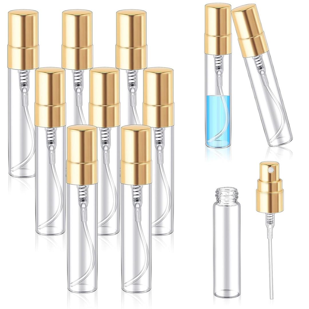 Zhehao 10 Pcs Mini Spray Bottles 5 ml Clear Glass Perfume Bottles Refillable Fine Mist Perfume Atomizer Portable Empty Sample Containers for Cleaning, Essential Oils, Travel (Gold Cap)