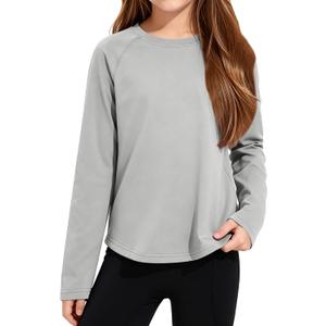 Girls' Sweatshirt Grey Long Sleeve Sports Tops Round Neck Loose Pullover Solid Athletic Tee Shirts (Gray)