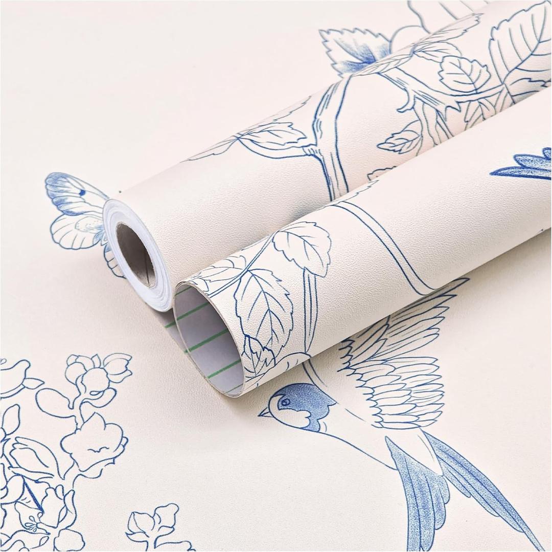 Peel and Stick Wallpaper Cream White and Blue Floral Wallpaper Vintage Contact Paper 17.3''197'' Self Adhesive Wall Paper Removable Boho Wallpapers Decorative for Bedroom Bathroom Cabinets Dcor