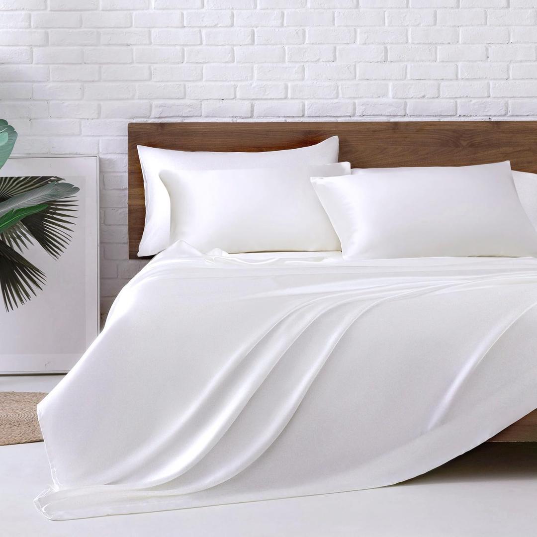 MR&HM Satin Bed Sheets, King Size Sheets Set, 6 Pcs Silky Bedding Set with 15 Inches Deep Pocket for Mattress (King, White)