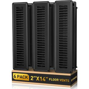BYEWIRE 2x14 Floor Register 6-Pack, Heavy Duty Steel Floor Vent Covers, Adjustable Quiet Airflow Vent Grill, Rust-Proof Black Finish 2 inch by 10 Inch HVAC Vents for Floor/ Sidewall