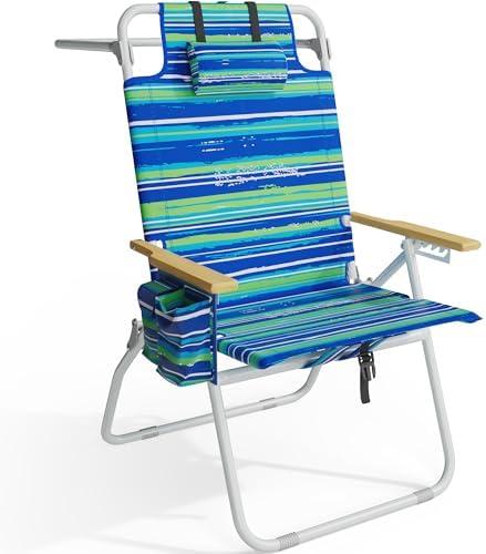 Tall Beach Chairs for Adults, 17" High Backpack Beach Chair with Wooden Armrests, 5 Positions Reclining Heavy Duty Chair with Large Cooler Pouch, Support to 350LBS Striped Blue&Green,1pack