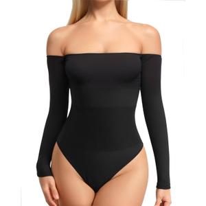 MANGOPOP Shapewear Tummy Control Bodysuit Off The Shoulder Long Sleeve Body Suits for Womens Ribbed Seamless Tops (X-Large)