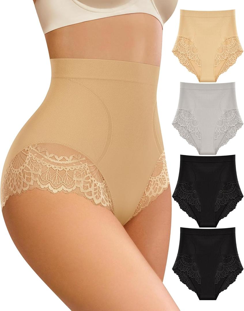 Women's Underwear High Waisted Light Tummy Control Lace Ladies Panties Full Coverage High-Cut Nylon 4 Pack (Medium, Multicolor)