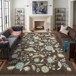 Garvee Gray Brown Floral 9x12 Area Rugs for Living Room Bedroom | Vintage Washable Low-Pile Non-Slip Carpet Soft Stain Resistant Rug for Large Room Bathroom Botanical Boho Rug TPE Backing
