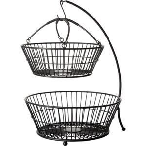 Gourmet Basics by Mikasa Tully 2-Tier Iron Storage Basket with Banana Hanger, Breathable Basket Organizer for Fruits, Vegetables, Snacks - Modern & Decorative Fruit Bowl, 12"x17" (Black)