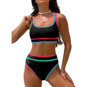 popvil Women's High Waisted Bikini Sets Neon Two Piece 2026 Swimsuit Sporty Adjustable Straps Bathing Suit (Medium, Black6)