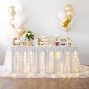 leegleri White Tulle Table Skirt, 6FT Rectangle, LED Light, Wedding & Baby Shower (15.2" x 10.9" (rectangle;round;Square))