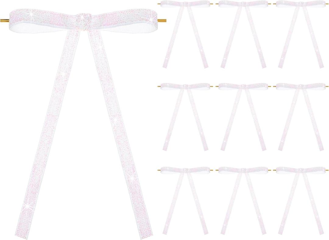 3 x 48 Pcs Glitter Velvet Bows for Valentine's Day Decorations Sparkle Valentine Bow for Gift Wrapping 5 x 7 Inch Premade Twist Tie Velvet Bows Ribbon Ornament 3/8'' Wide for Wreaths Decor(White)