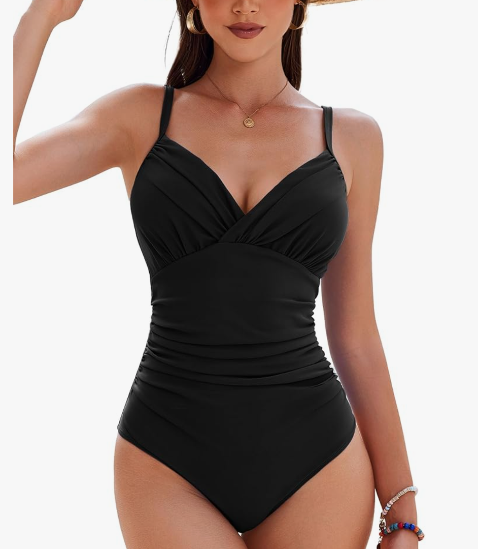 AI'MAGE Women's One Piece Ruched Swimsuit 2025 Tummy Control Bathing Suits Sexy V Neck Swimwear XL