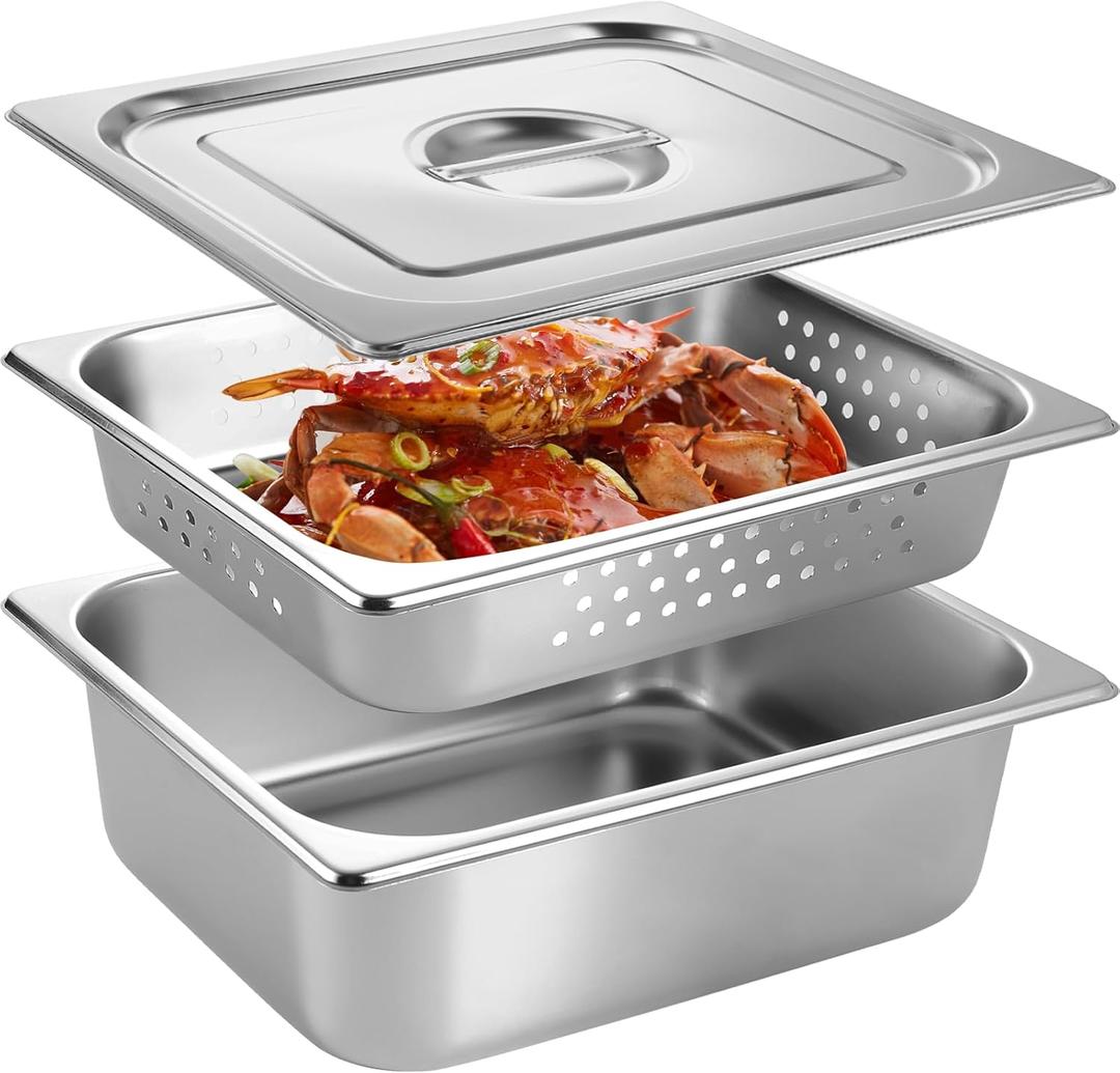 2 Pack Half Size 4 Inch Hotel Pan with Lids 2.6 Inch Perforated Steam Pan Stainless Steel Restaurant Pans for Restaurants, Cafeteria, Kitchen