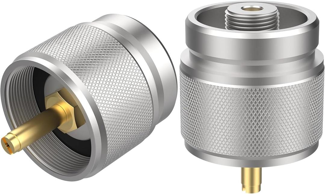 2 x 2 Pcs Propane to Butane Adapter Brass & Aluminum Alloy Camping Stove Adapter LPG Canister Converter 1 LB Propane Tanks Input EN417 Lindal Valve Stove Gas Converter for Backpacking Hiking (Silver)