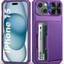 for iPhone 15, iPhone 14, iPhone 13 Case Wallet, Built-in Card Holder(4-5 Cards), Slide Camera Cover, Military Grade & RFID Protection, Heavy Duty Phone Case for iPhone 15/14/13, Dark Purple