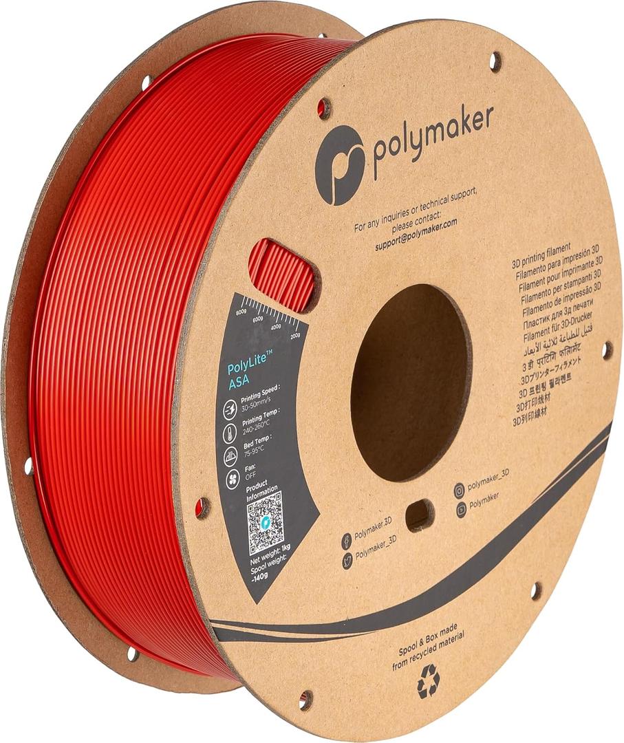 Polymaker ASA Filament 1.75mm Red, 1kg ASA 3D Printing Filament, Heat & Weather Resistant - ASA 3D Printer Filament Perfect for Printing Outdoor Functional Parts